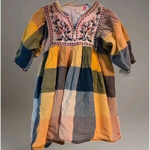 Pink Chicken Girls Embroidered Plaid Dress Bohemian Shabby Chic Puff Sleeve 3T‎